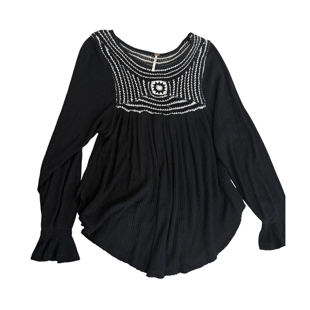 Free People Black Crochet Soul Mate Yoke Waffle Knit Boho Babydoll Top S/P